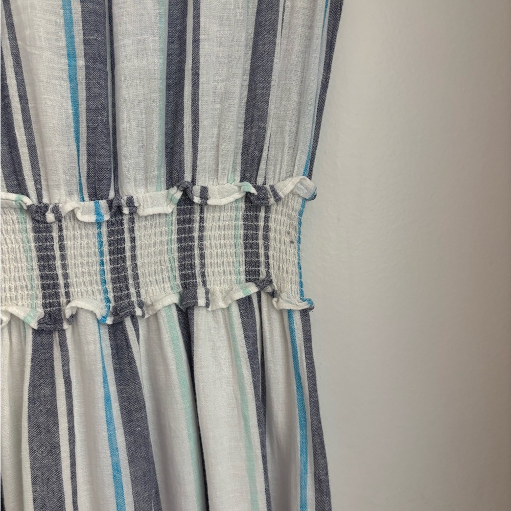 Rails Ashlyn Aegean Blue & White Striped Linen Blend Tie Neck Midi Dress - s - Picture 5 of 7